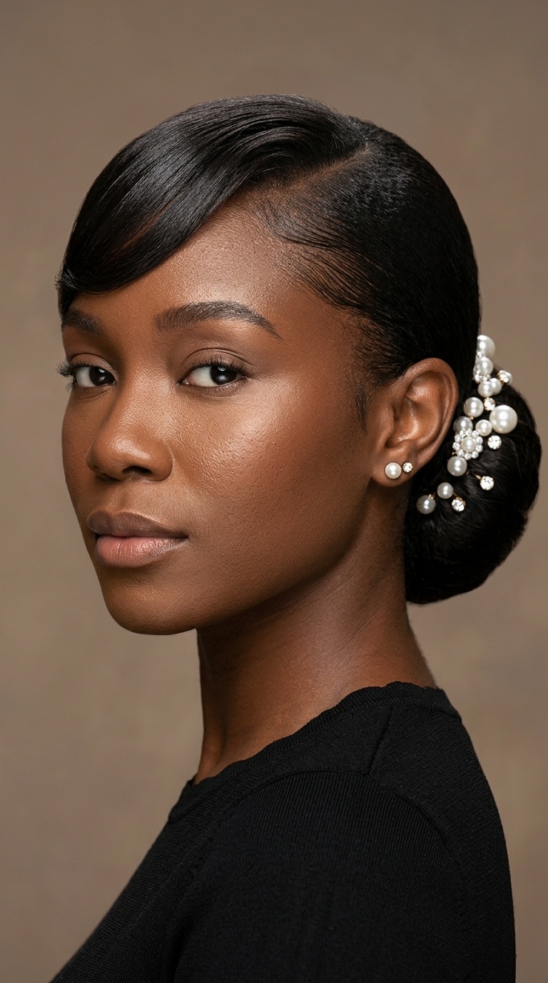 Sleek Low Bun with Pearl Accents and Swoop