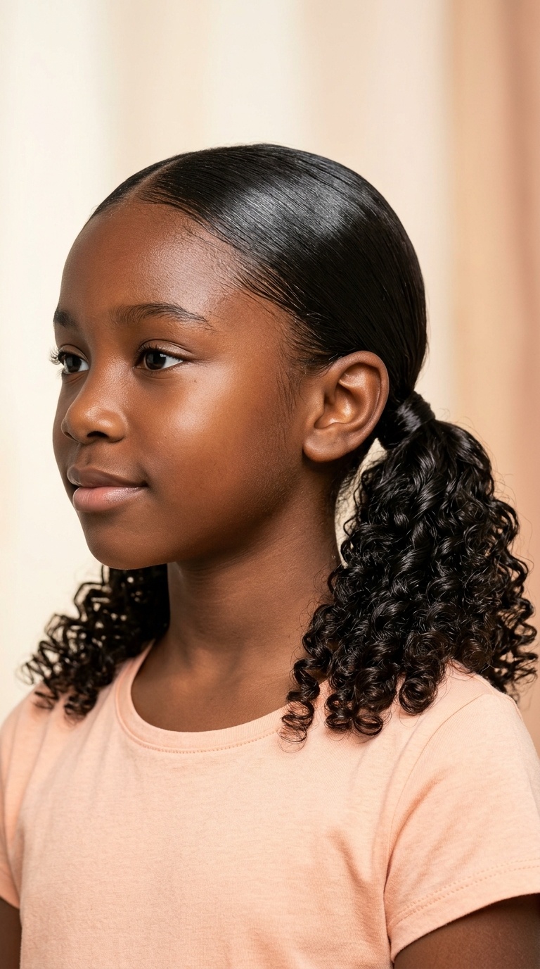 Sleek Low Pony with Curly Ends
