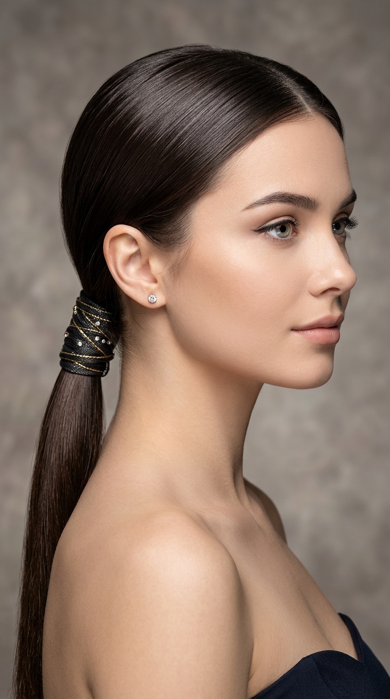 Sleek Low Ponytail with Hair Wrap