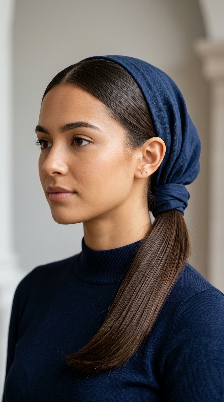 Sleek Low Ponytail with Hair Wrap