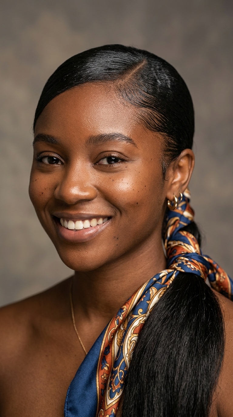 Sleek Low Ponytail with Scarf Accents