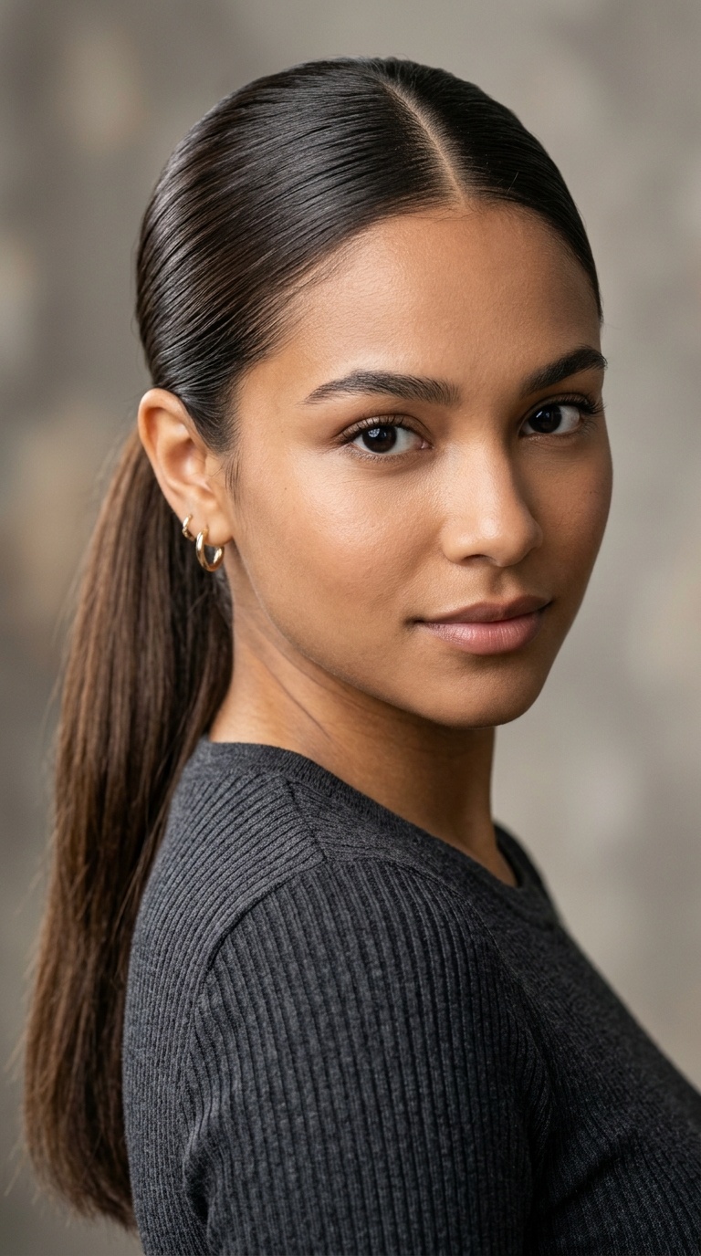 Sleek Mid-Height Ponytail with Middle Part