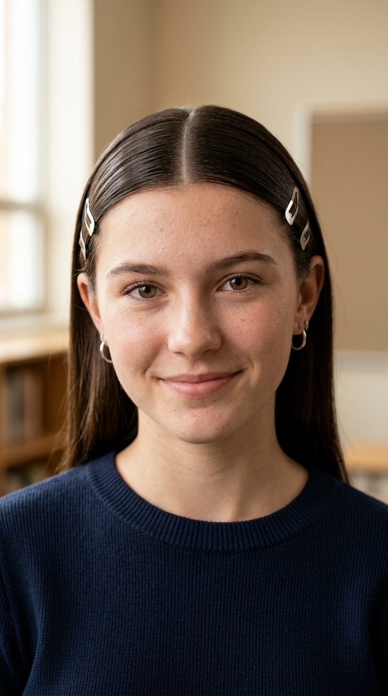 Sleek Middle Part with Barrettes