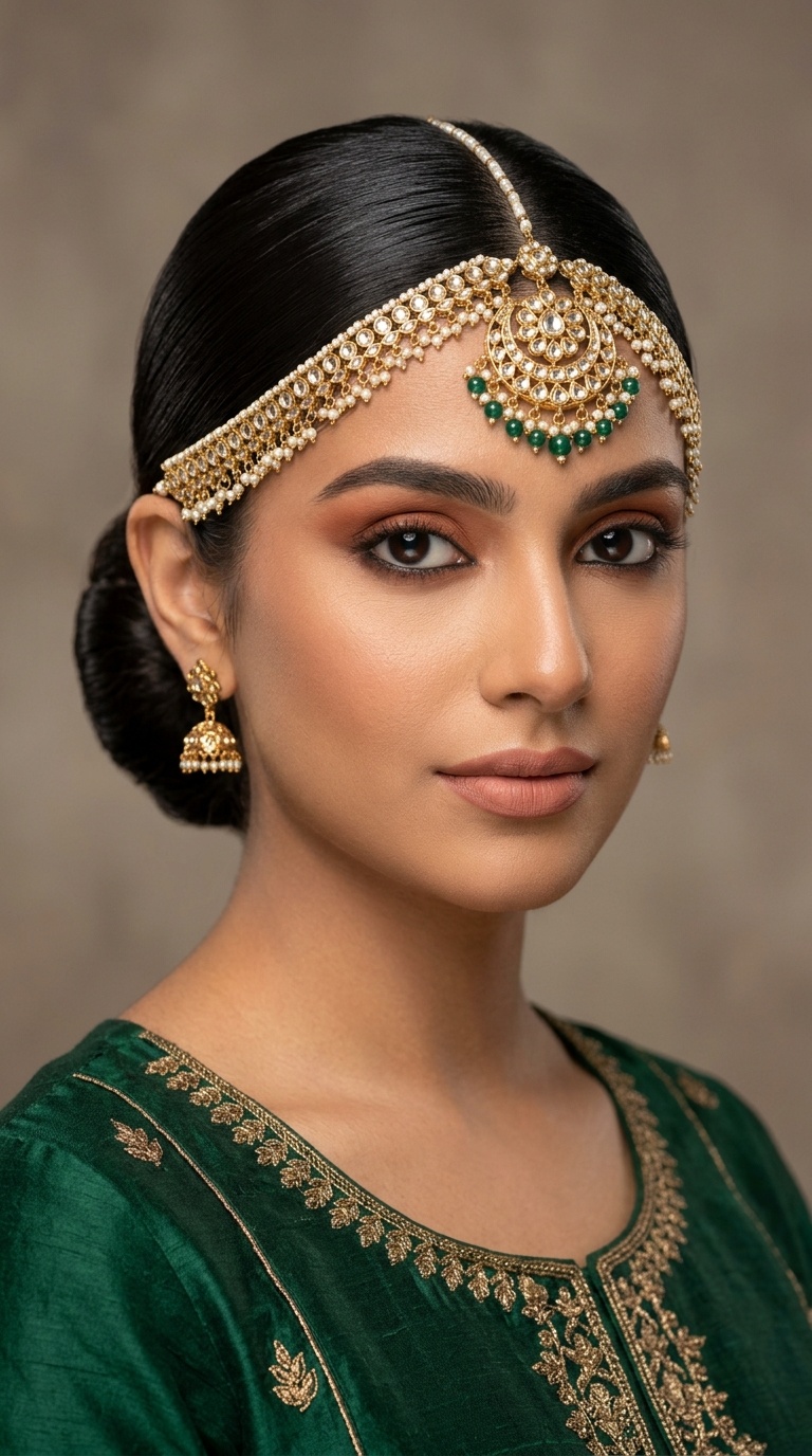 Sleek Middle-Parted Bun with Matha Patti