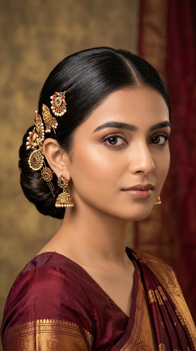 Sleek Middle-Parted Bun with Temple Jewelry Pins