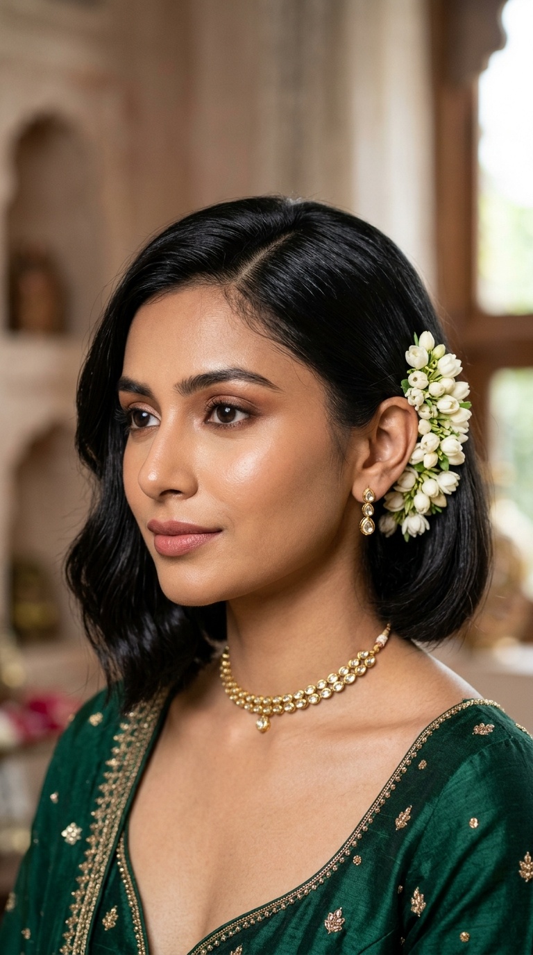 Sleek Side-Parted Bob with Fresh Jasmine