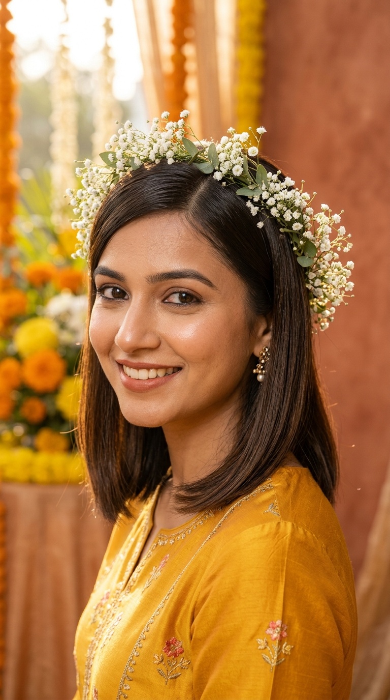 Sleek Side-Parted Lob with Baby’s Breath Crown