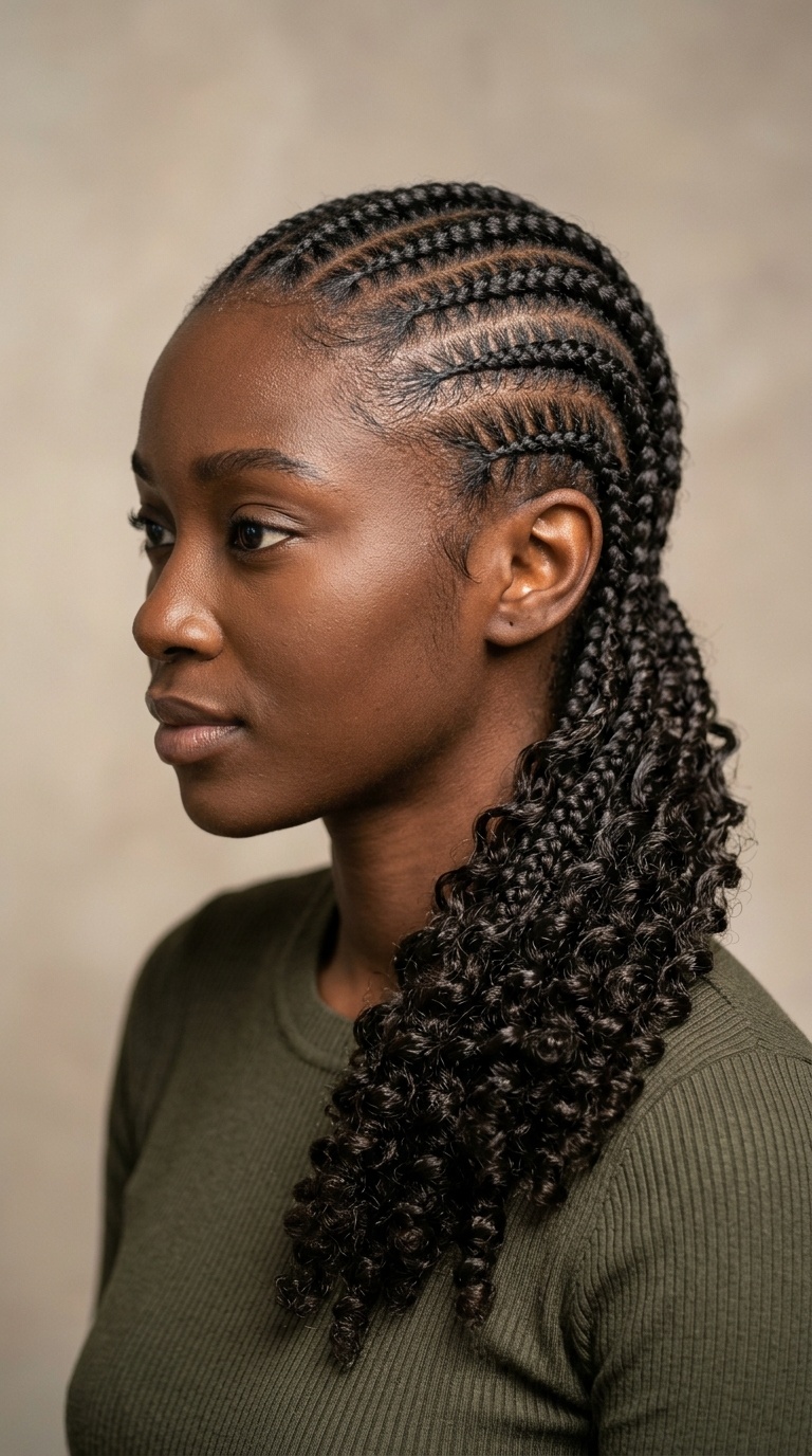 Sleek Stitch Braids with Curly Ends