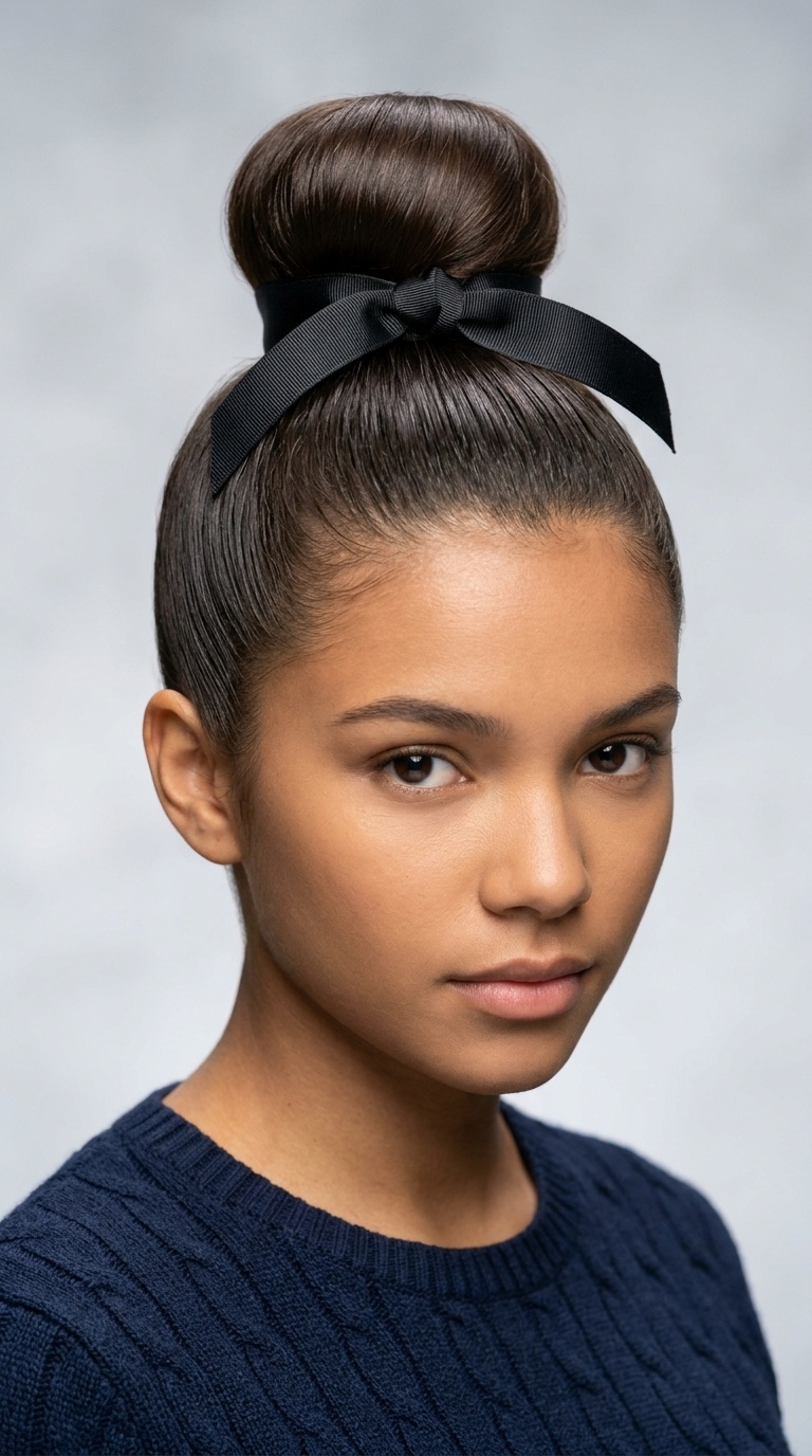 Sleek Top Knot with a Wrap-Around Ribbon