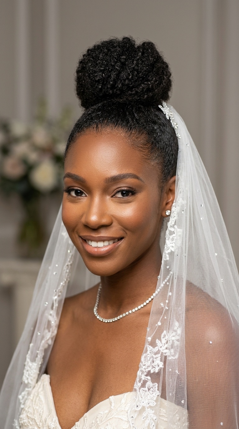 Sleek Top Knot with Curly Veil