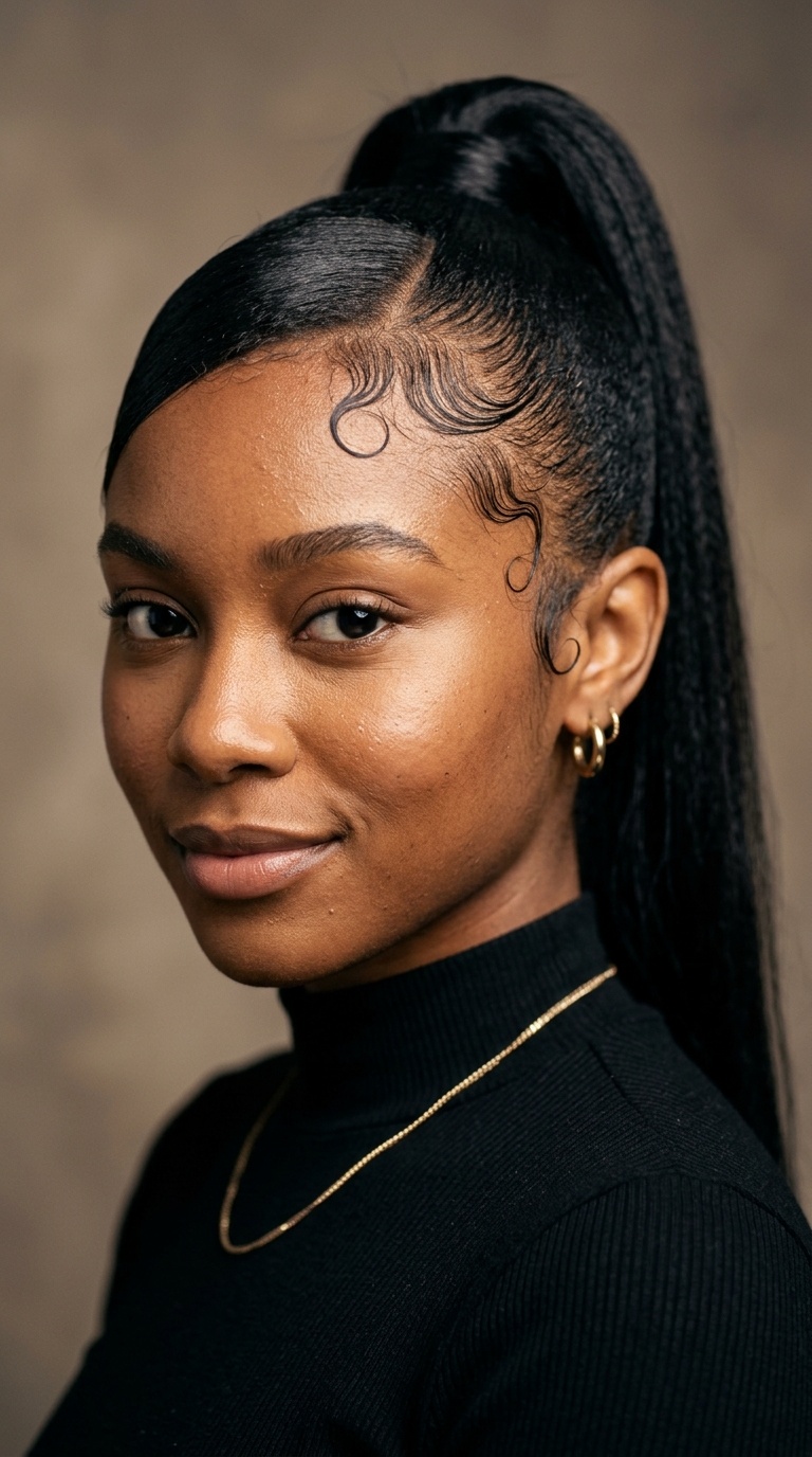 Slicked-Back Pony with Baby Hair Side Fringe