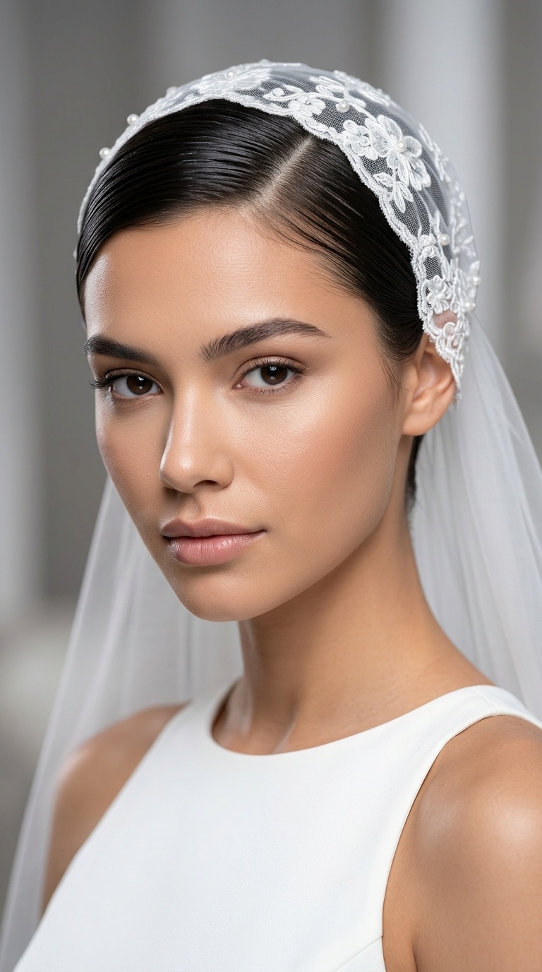 Slicked-Back Style with a Juliet Cap Veil