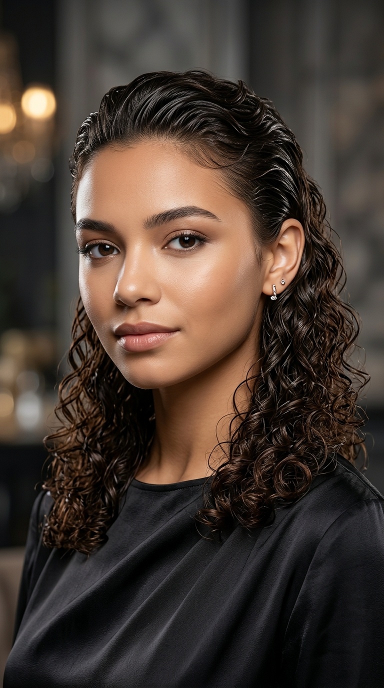 Slicked-Back Wet Look Curls