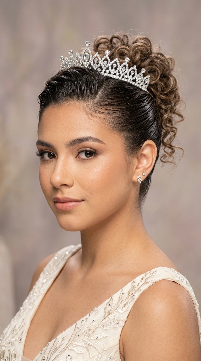 Slicked-Back Wet Look with Curly Ends and Crown