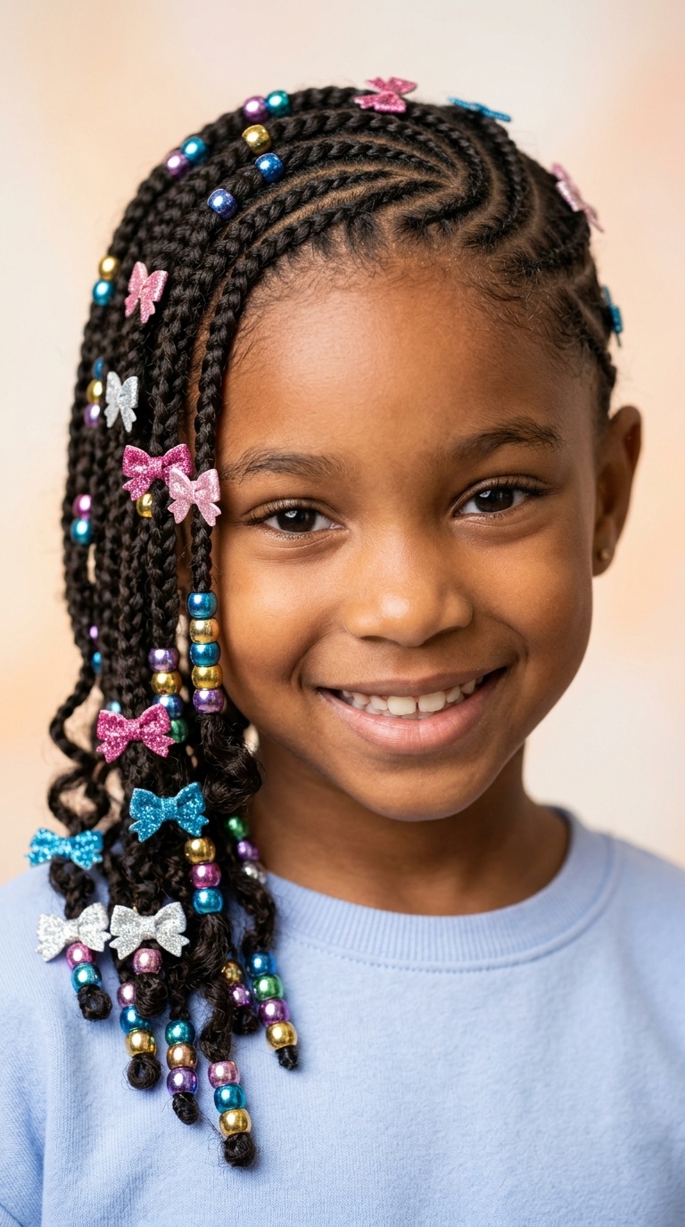 Snake Braids with Metallic Beads and Tiny Glitter Bows