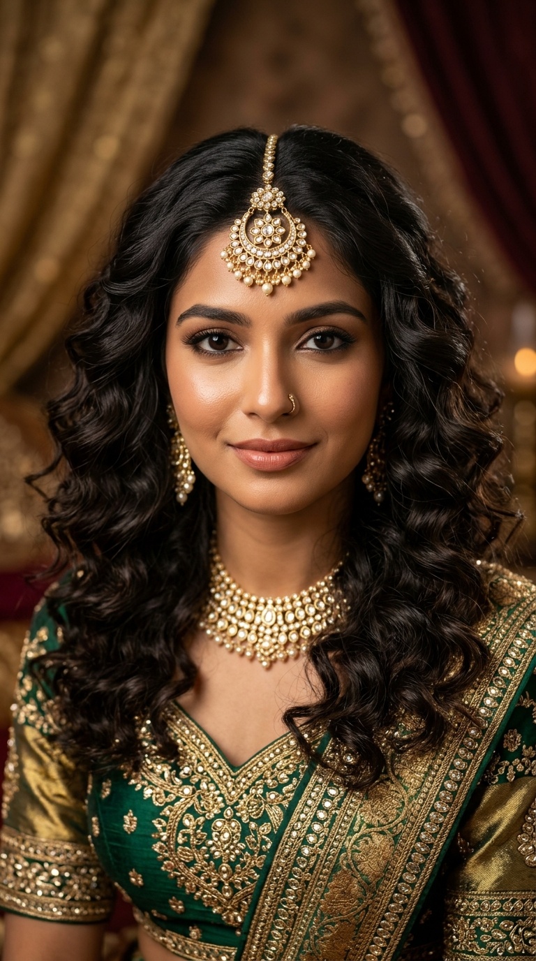 Soft Curls with a Statement Maang Tikka