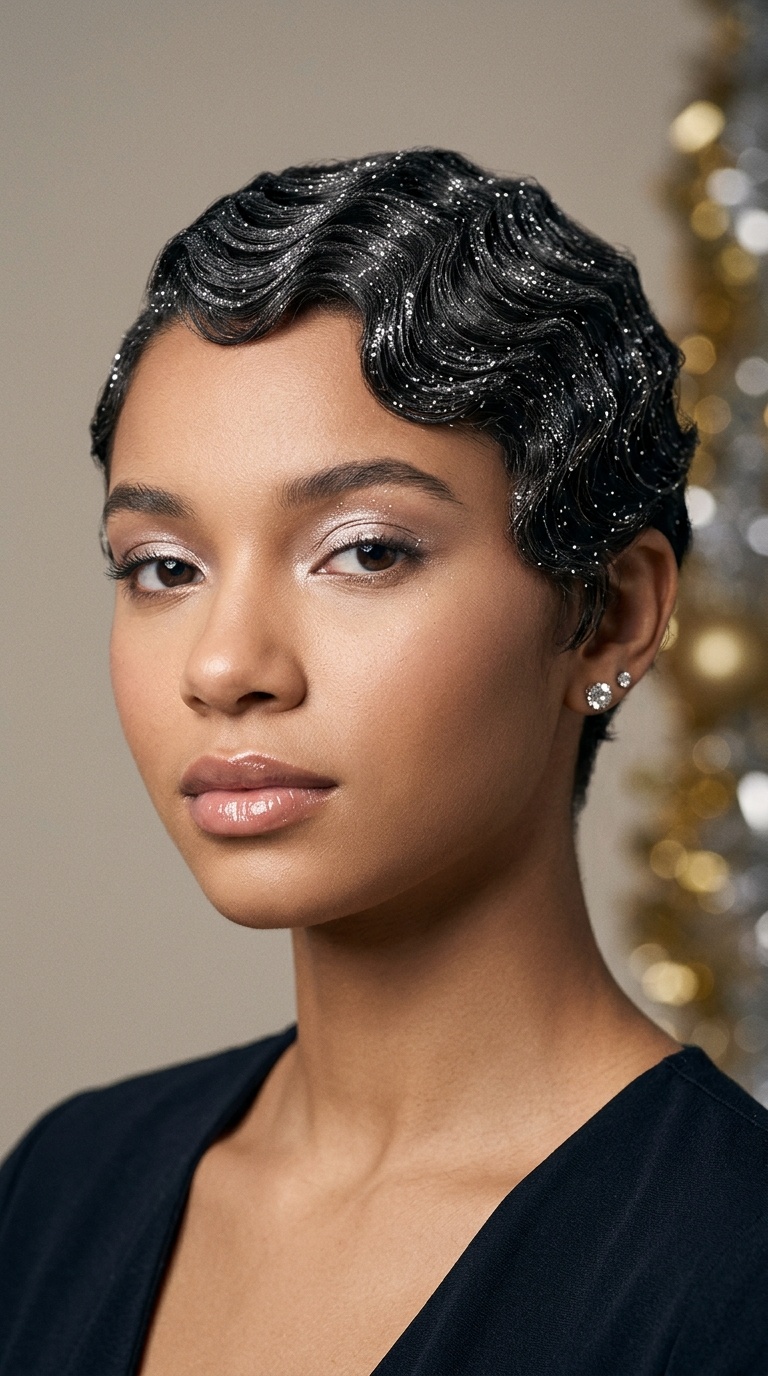 Soft Finger Waves with Silver Glitter