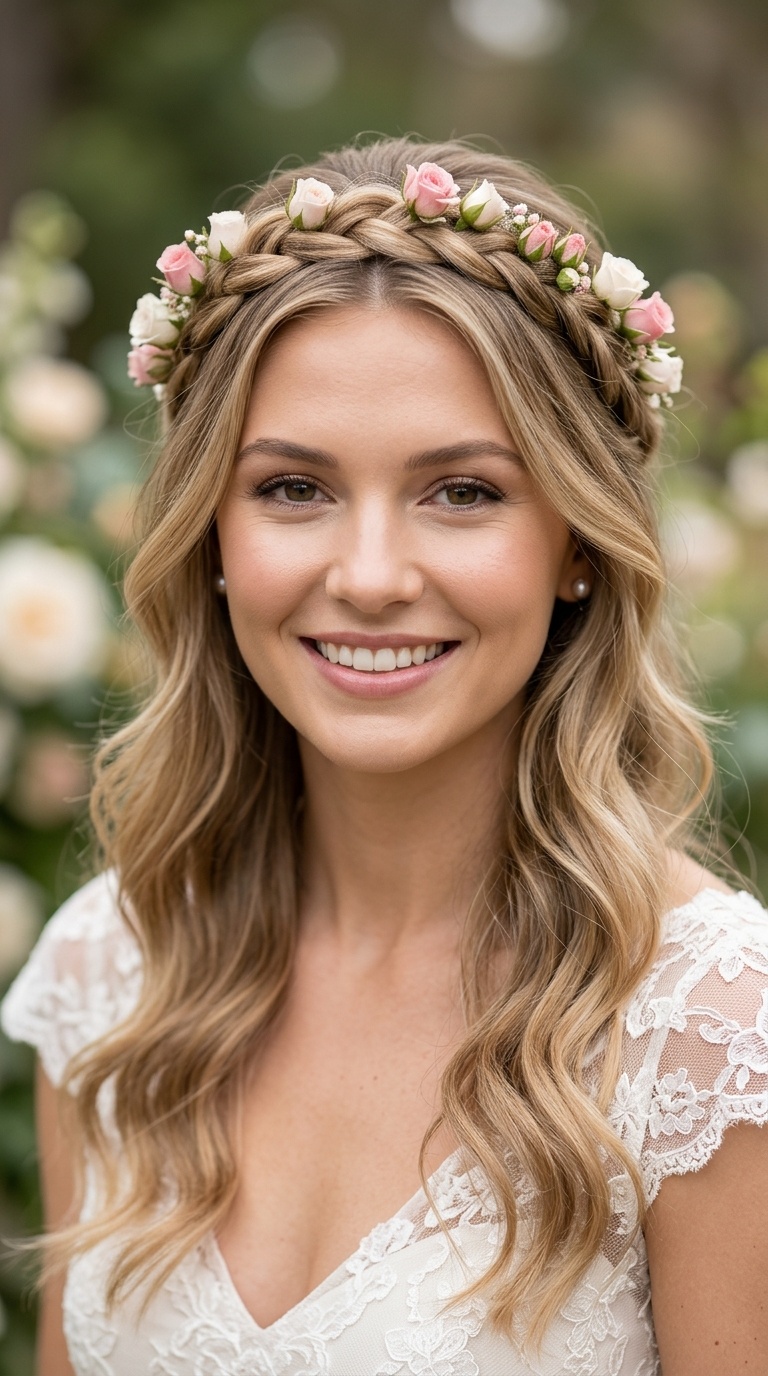 Soft Half-Up Crown with Tiny Rosebuds