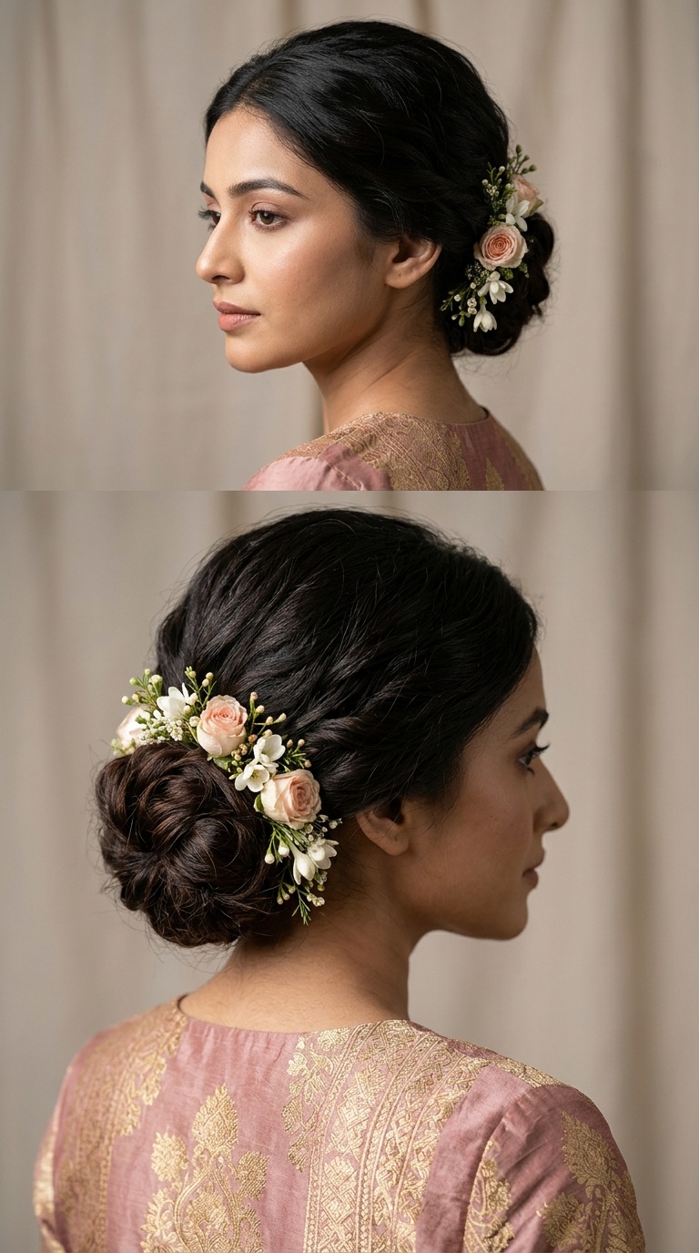 Soft Low Chignon with Floral Accents