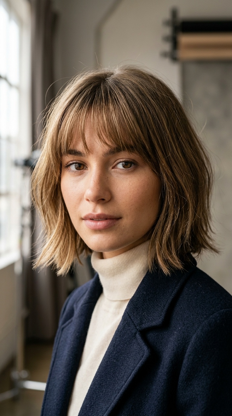 Softly Layered Bob with Brow-Skimming Bangs