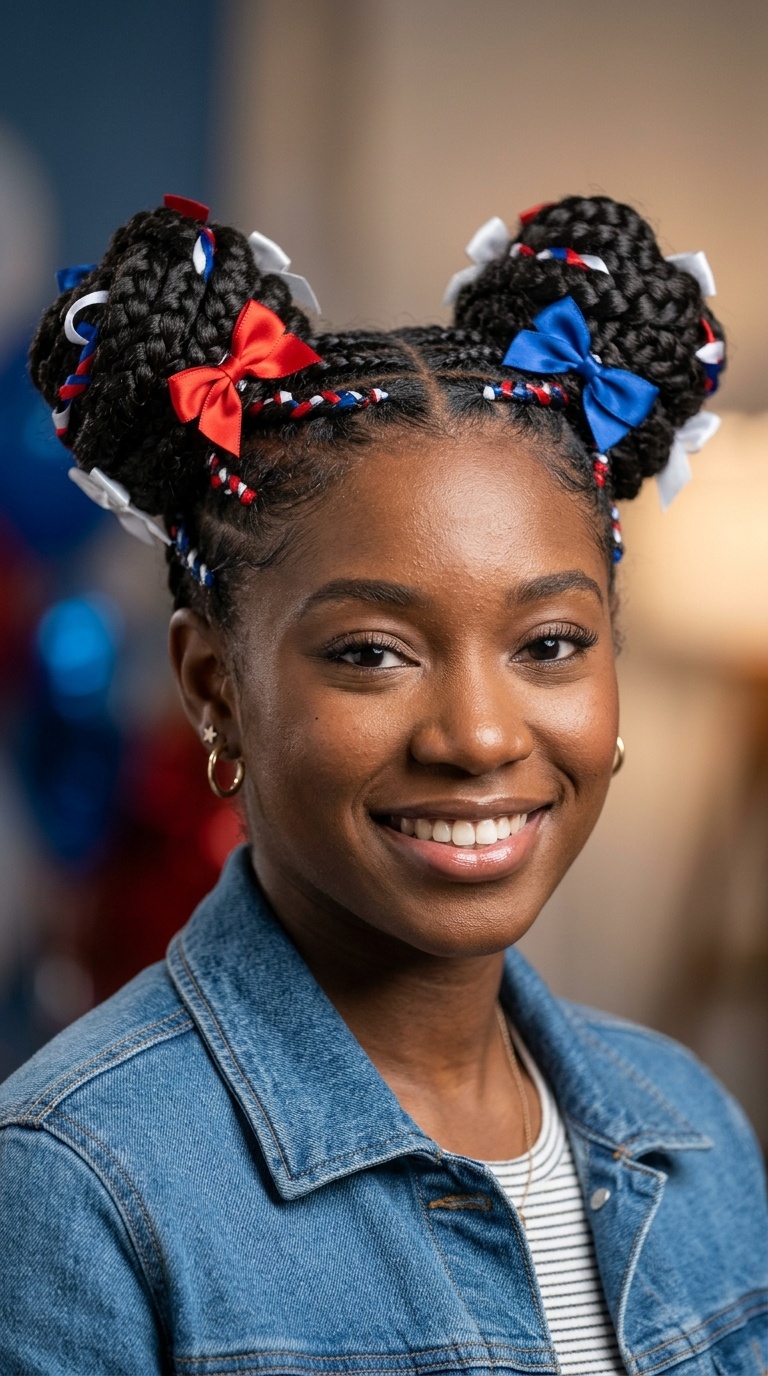 Space Bun Braids with Bow Accents