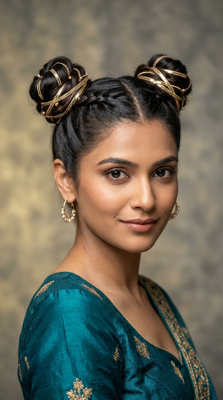 Space Buns with Gota Patti Ribbons