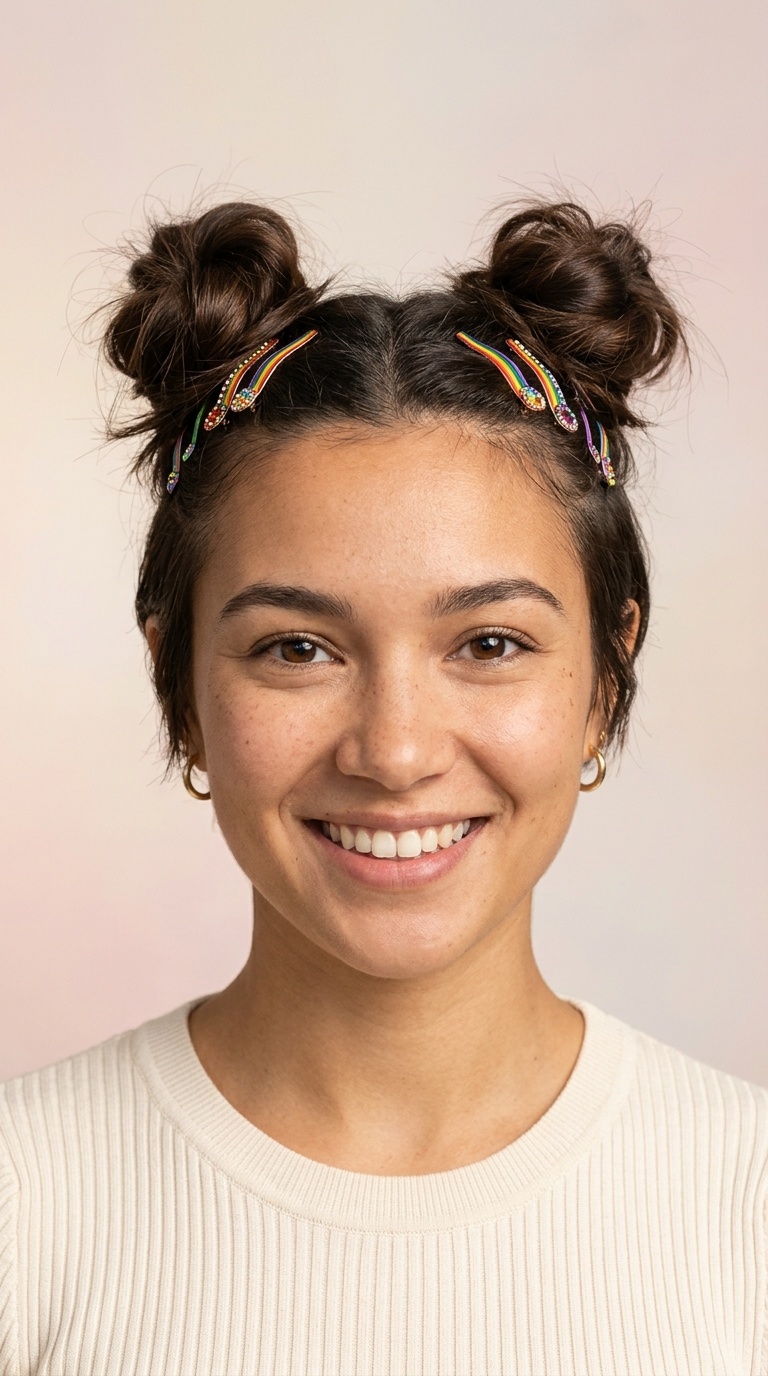 Space Buns with Rainbow Hair Pins