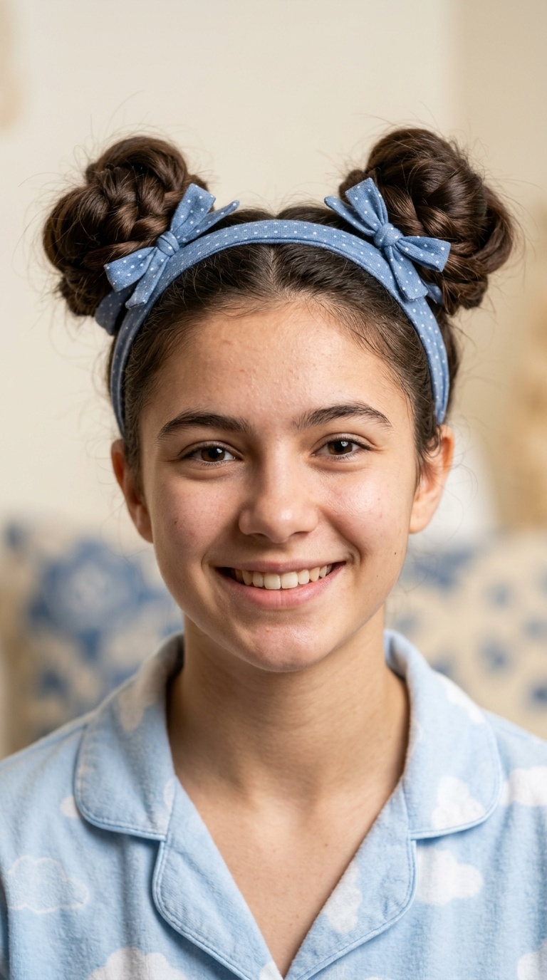 Space Buns with Ribbon Headband Integration