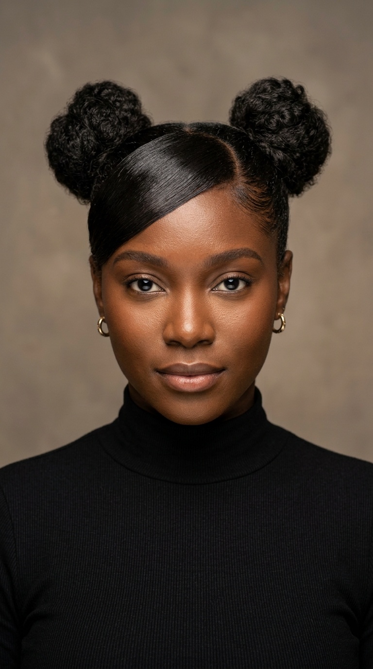 Space Buns with Symmetrical Swoop Bangs