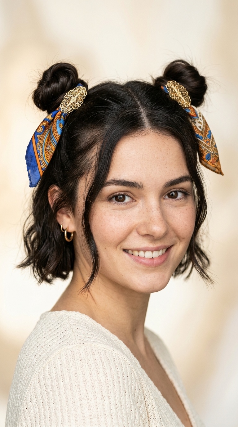 Space Buns with Vintage Scarf Clips