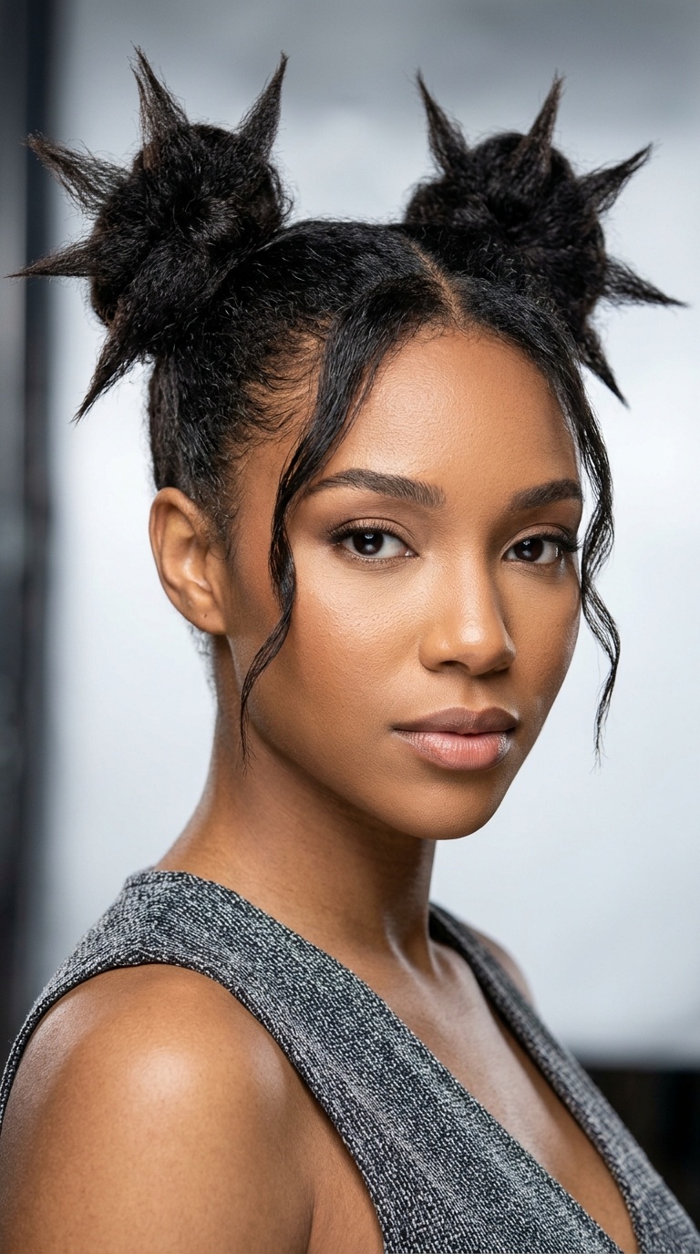 Spiky Space Buns with Face-Framing Tendrils