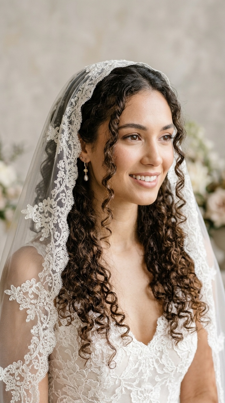 Spiral Curls with a Mantilla Veil