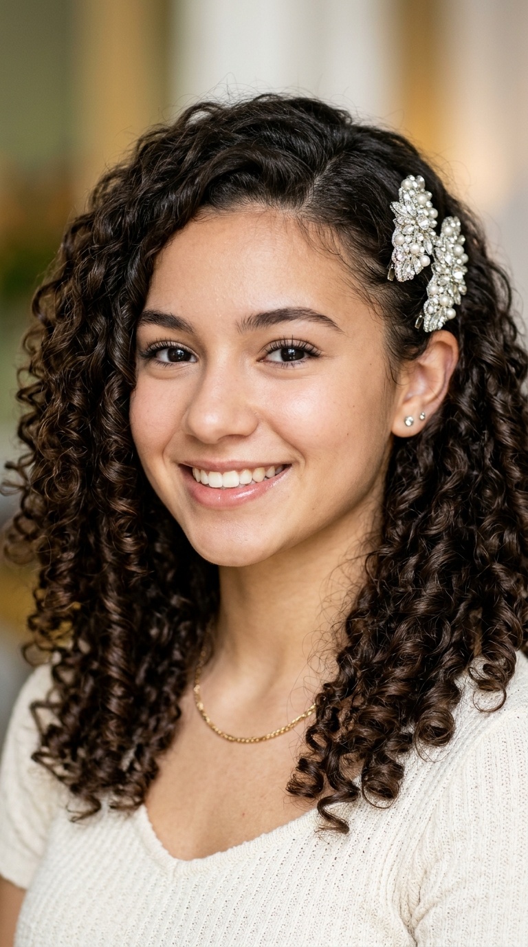 Spiral Curls with Jeweled Side Clips
