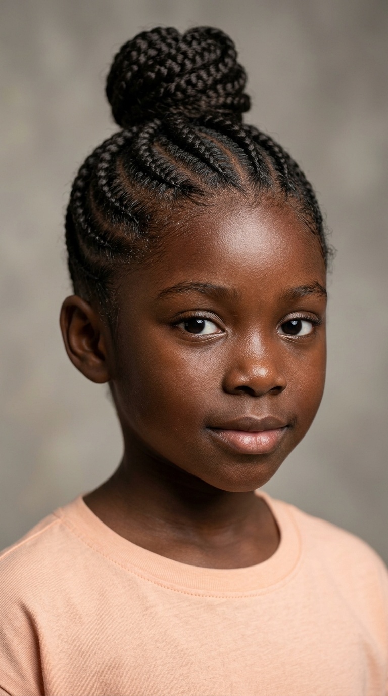 Spiral Parted Cornrows with a Central Bun