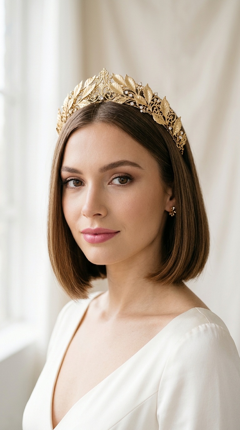 Straight Bob with a Grecian Gold Leaf Crown