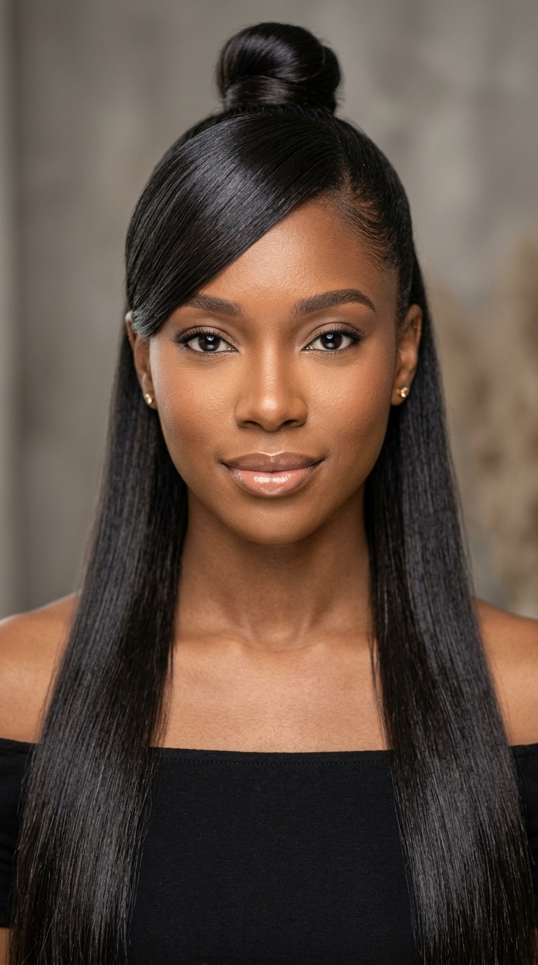 Straight Half-Up, Half-Down with a Deep Swoop