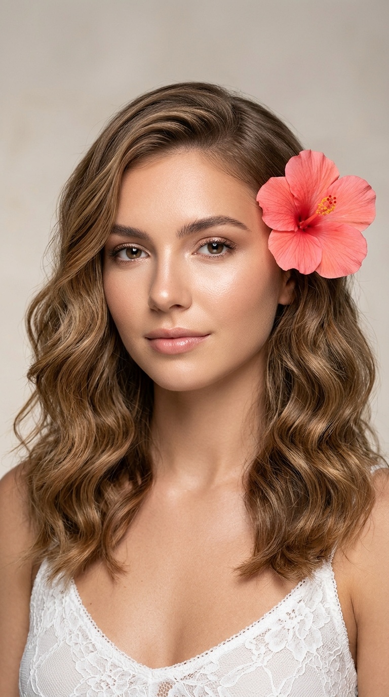 Subtle Beach Waves with Single Hibiscus