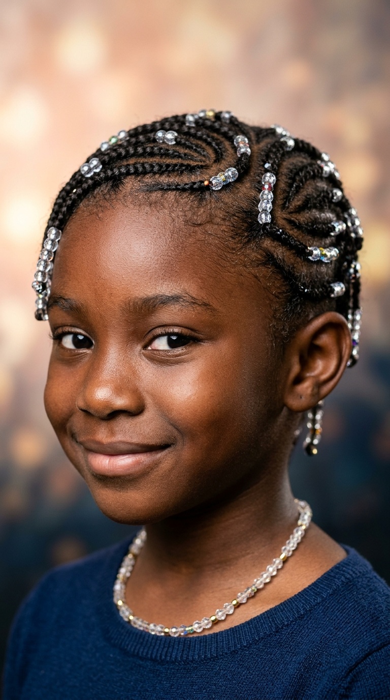 Swirl Patterned Cornrows with Crystal Beads
