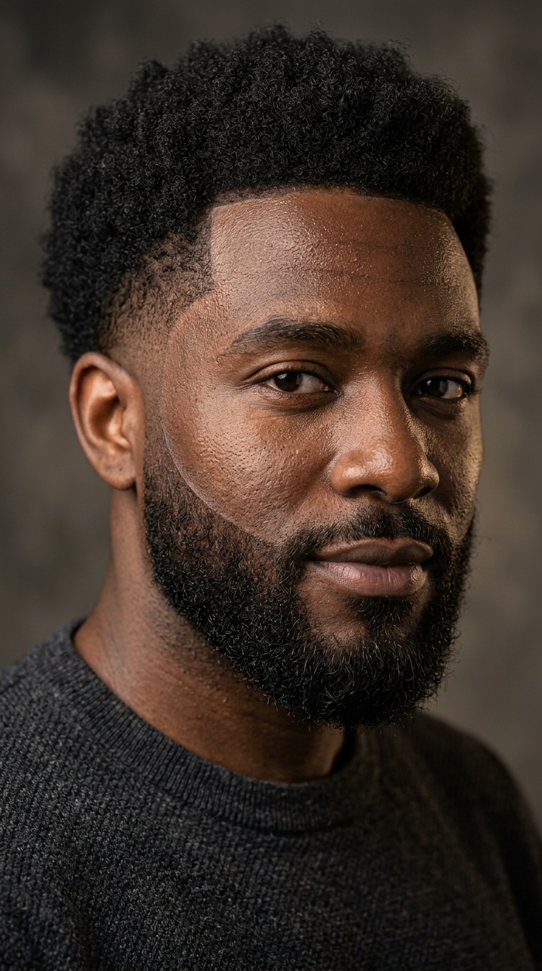 Temple Fade with Afro and Shaped Beard