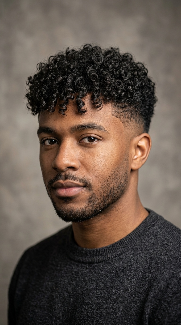 Temple Fade with Natural Semi-Curly Fringe