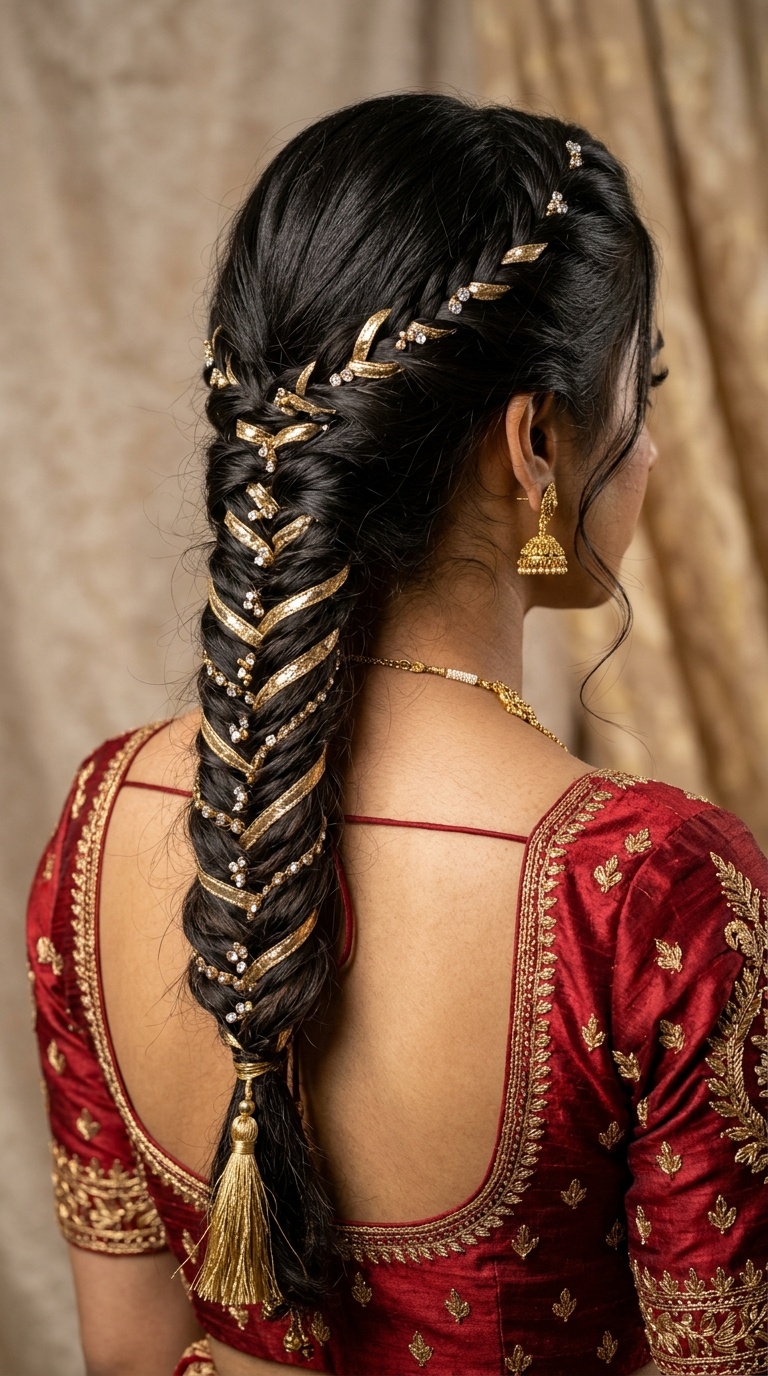 Textural Fishtail Braid with Gota Patti
