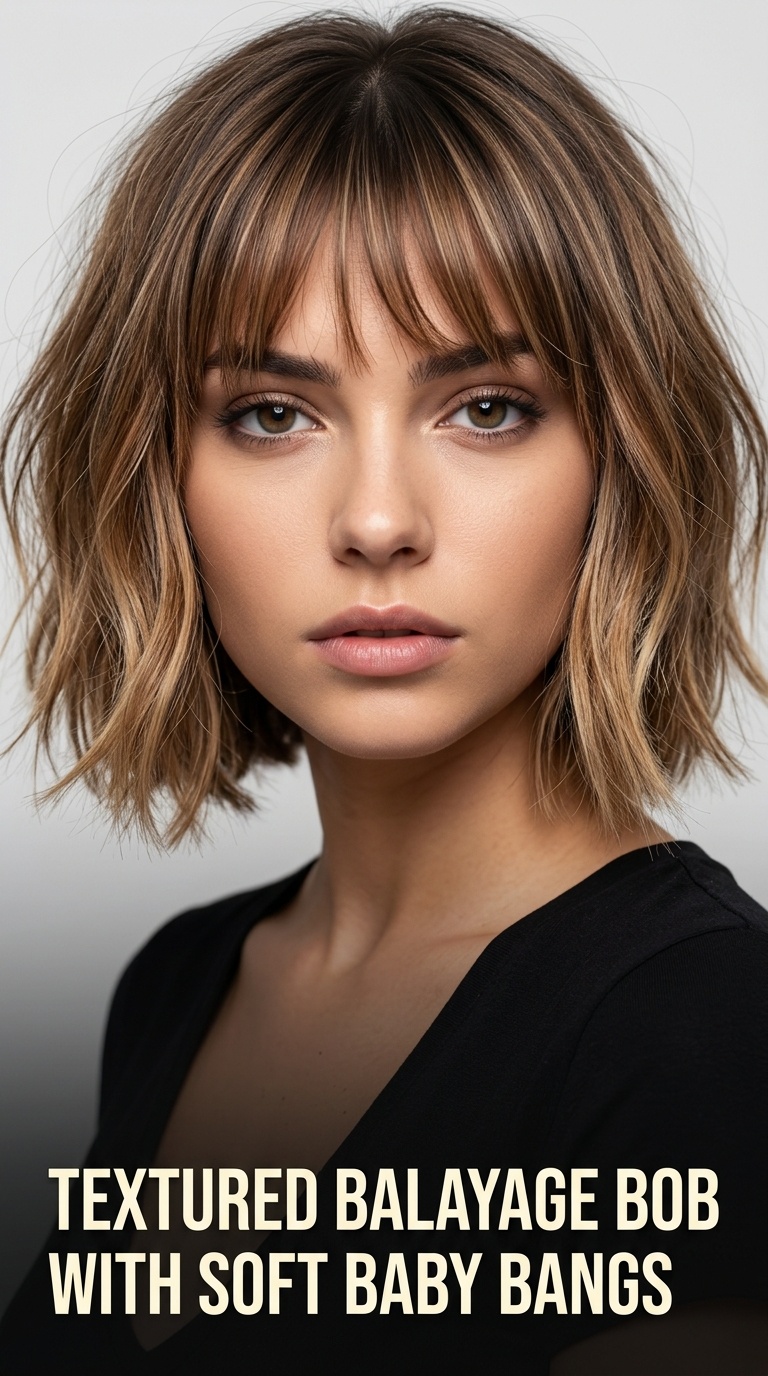 Textured Balayage Bob with Soft Baby Bangs