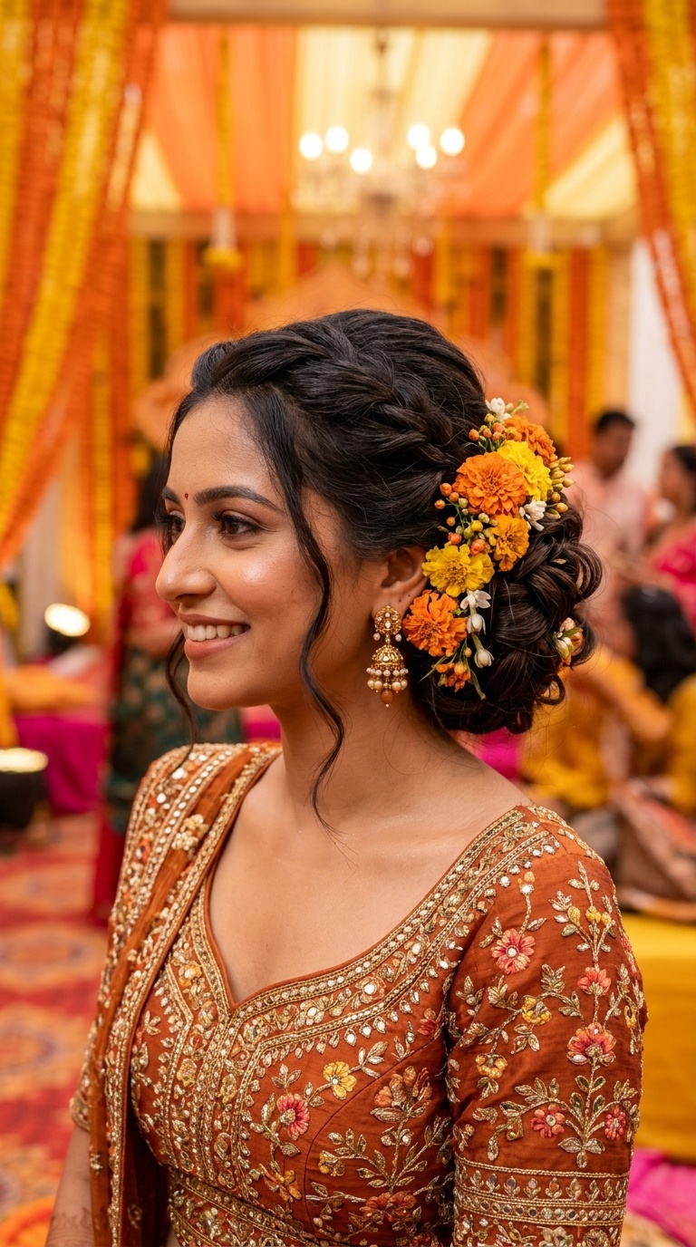 Textured Chignon with Marigolds