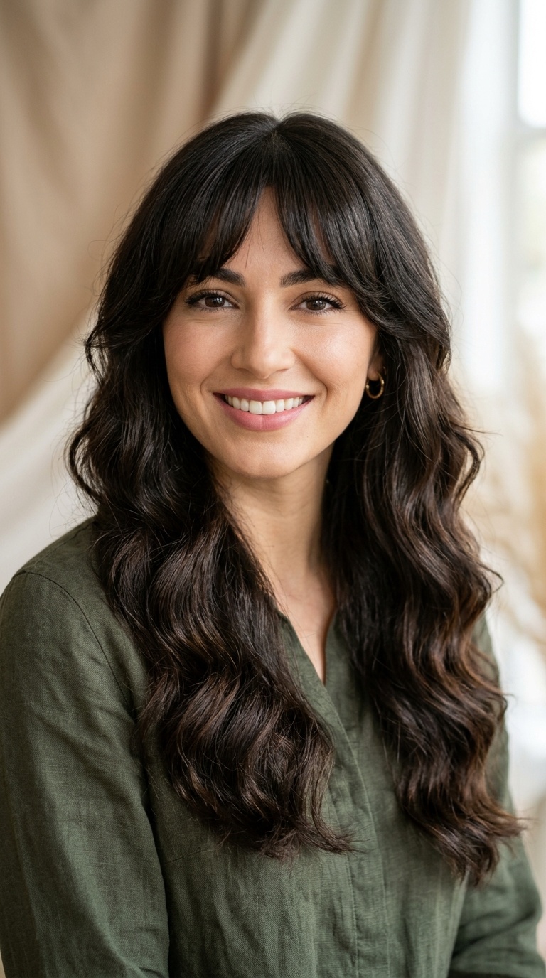 Textured Curtain Bangs with Deep Waves