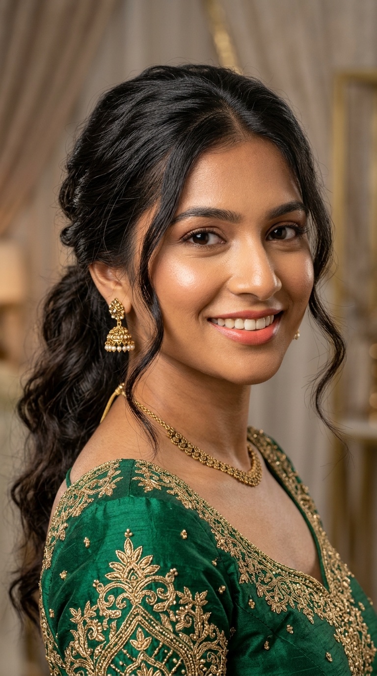 Textured Low Pony with Face-Framing Tendrils