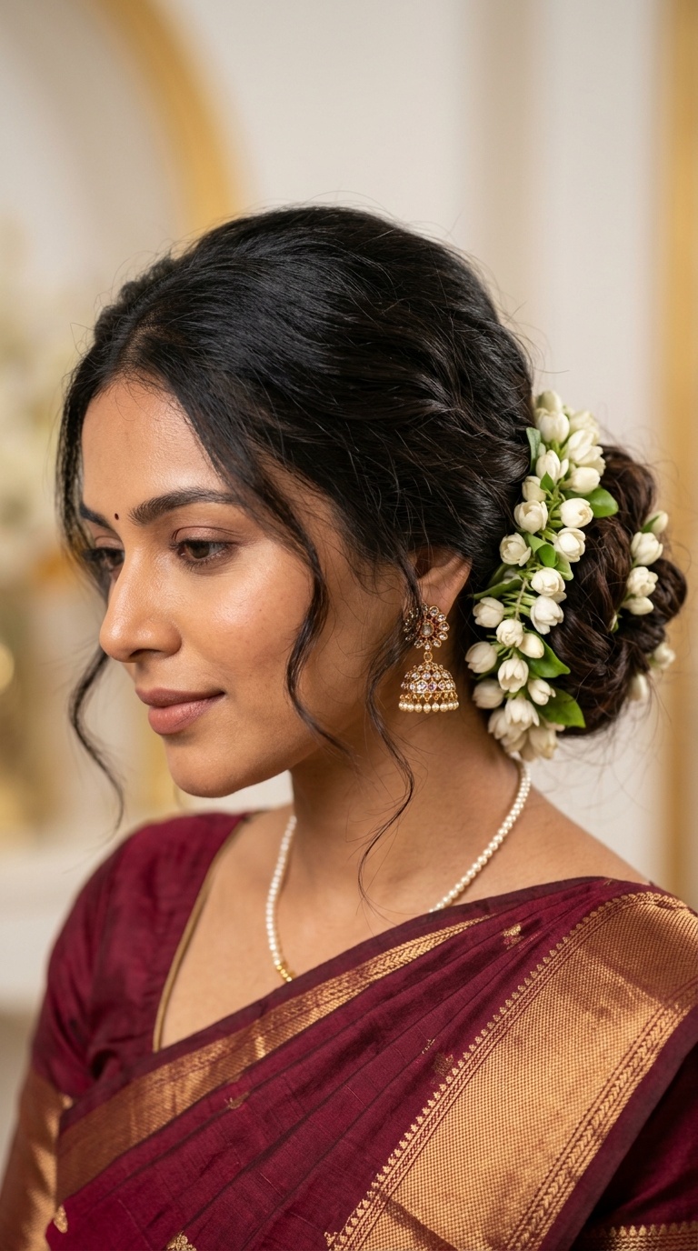 The Classic Low Messy Bun with Mogra