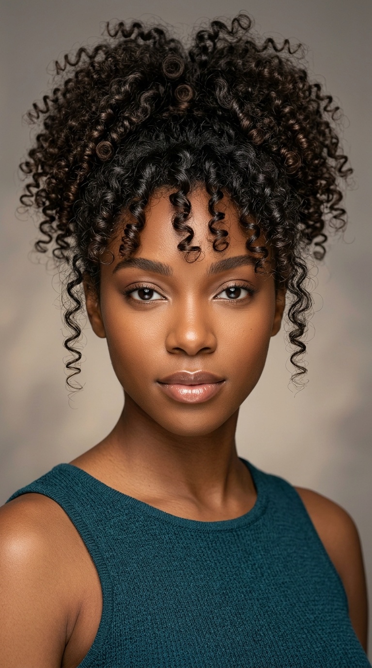 The Pineapple Ponytail with Spiral Curls and Curly Bangs
