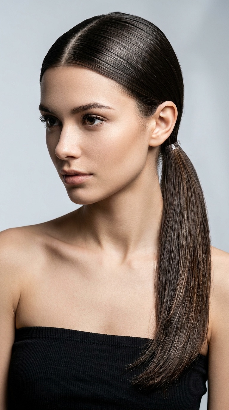 The Sleek Low Ponytail with a Middle Part