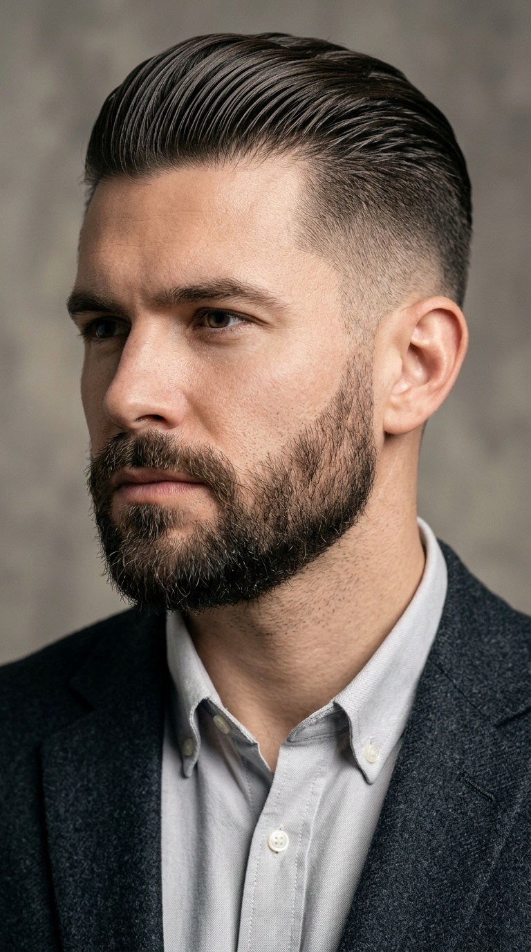 The Slicked Back Undercut with a Sculpted Beard