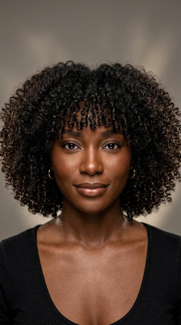 The Voluminous Curly Bob with Thick Bangs